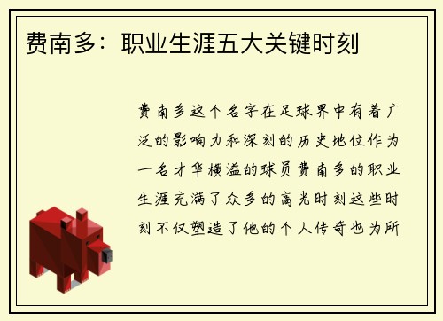 费南多：职业生涯五大关键时刻