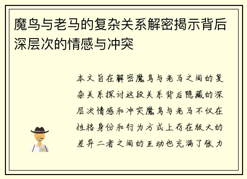 魔鸟与老马的复杂关系解密揭示背后深层次的情感与冲突